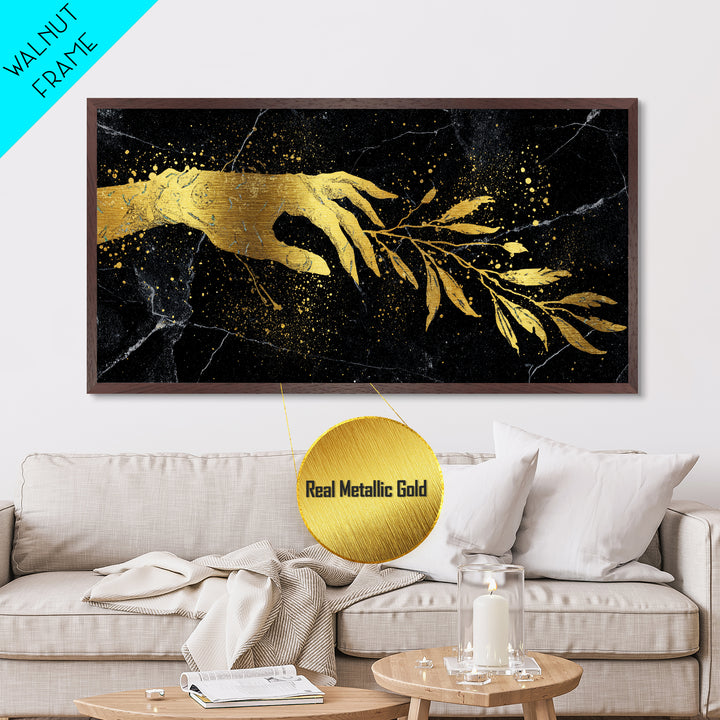 Metallic Gold Metal Print Hand Offering Olive Branch, Splatter Art Marble Texture, Wood Framed Map Wall Art for Peace and Nature Symbolism