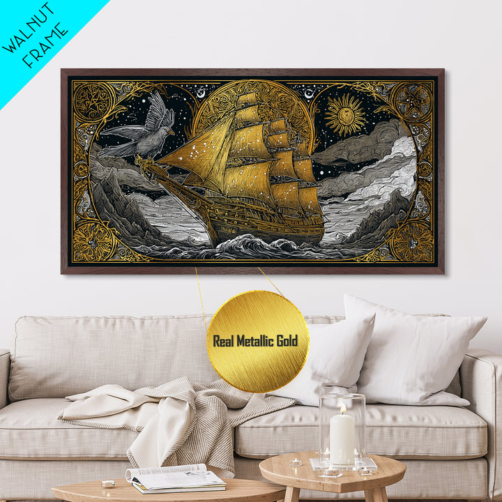 Metallic Gold Art Sailing Ship with Raven Figurehead, Starry Night and Waves, Wood Framed Map Wall Décor, Nautical and Mythic Voyage Lovers