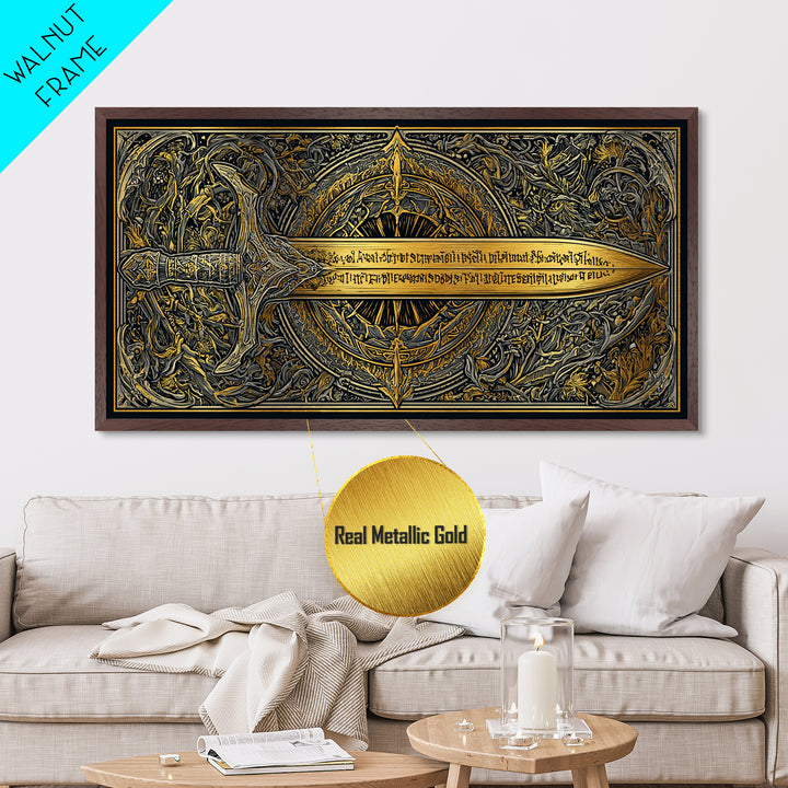 Metallic Gold Metal Print of Ornate Sword and Compass Design, Engraved Blade and Decorative Frame, Wood Framed Map Wall Décor