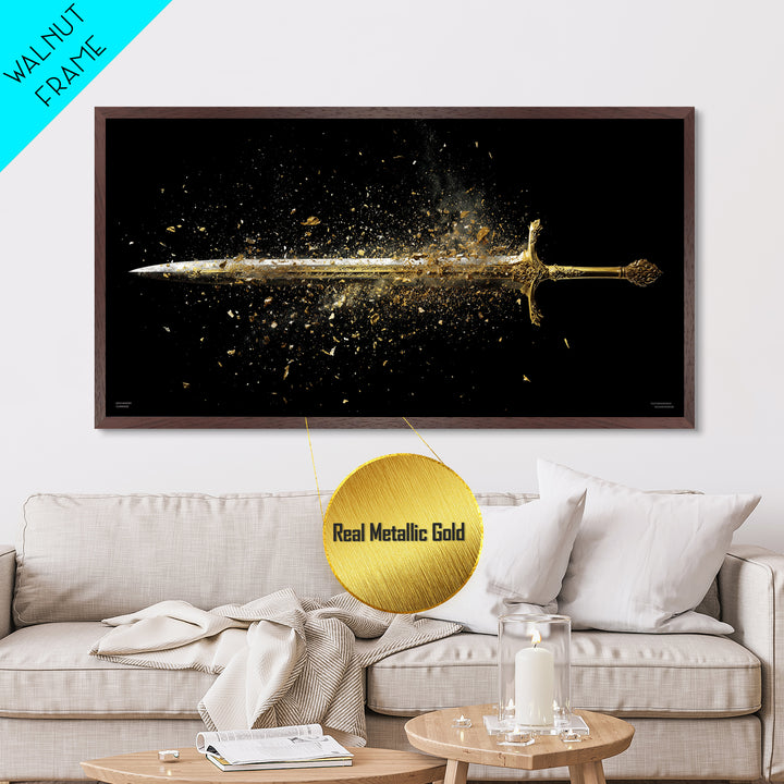 Metallic Gold Art of Shattering Sword in Mid-Air, Detailed Blade Explosion and Dark Background, Wood Framed Map Wall Art Display