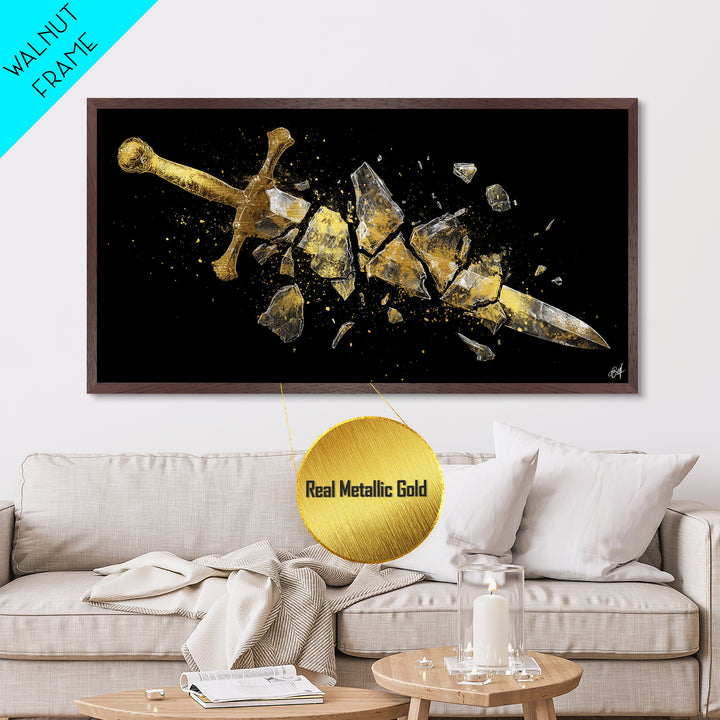 Metallic Gold Metal Print of Broken Sword in Fragments, Detailed Golden Hilt and Blade Shards, Wood Framed Map Wall Décor Accent