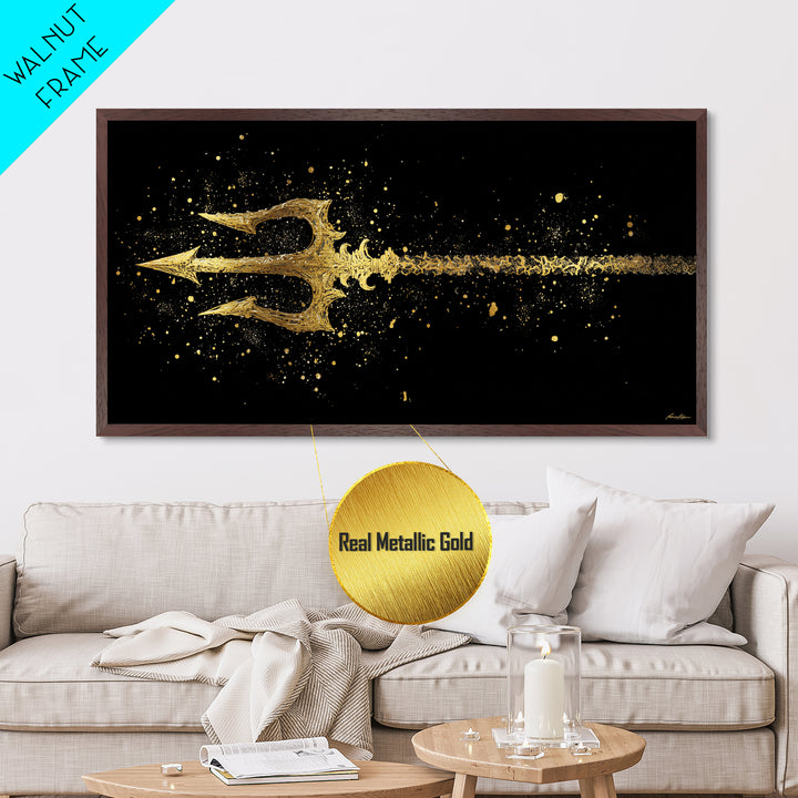 Metallic Gold Art of Decorative Trident in Motion, Splatter Effect on Black Background, Wood Framed Map Wall Art for Nautical Themes