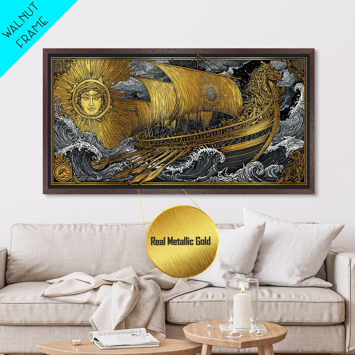 Metallic Gold Art of Sun and Ship Scene, Lion Figurehead and Ocean Waves, Detailed Decorative Style, Wood Framed Map Wall Décor