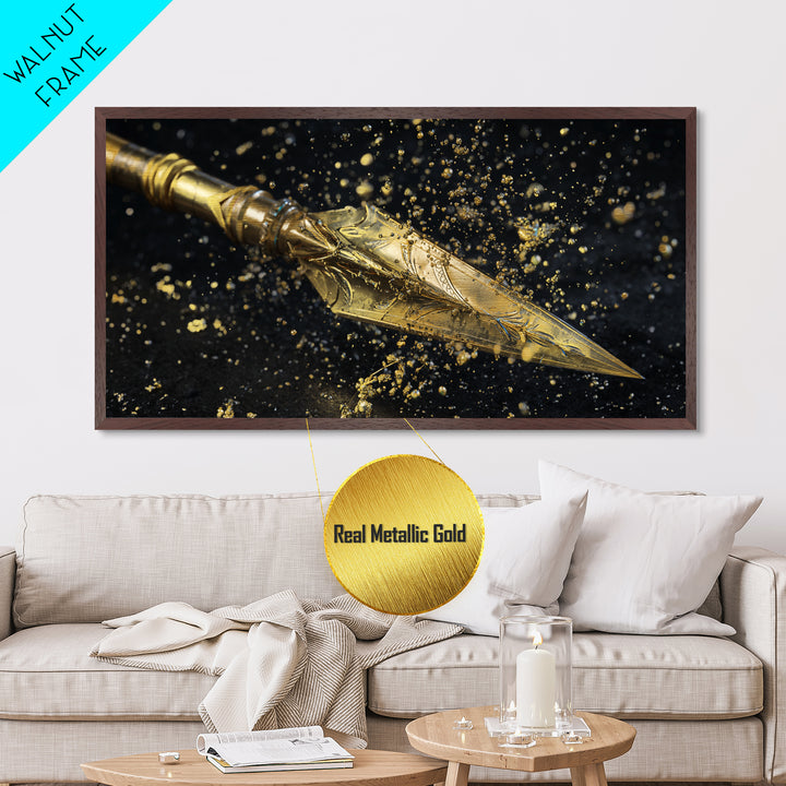 Ornate Golden Spearhead, Metallic Gold Art, Real Wood Frame, Close-Up Weapon Detail, Mythology Inspired Wall Decor