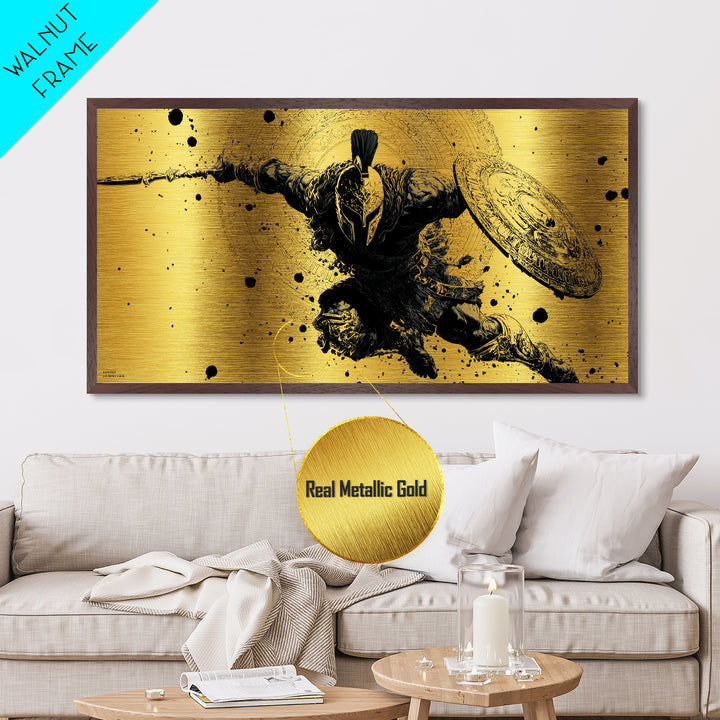 Metallic Gold Art of Spartan Soldier Leaping Forward with Spear and Shield, Decorative Armor and Mandala, Wood Framed Map Wall Décor