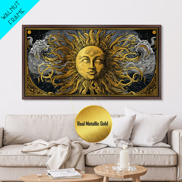 Metallic Gold Metal Print of Sun Face with Flowing Hair and Ocean Waves, Detailed Mythological Design, Wood Framed Map Wall Décor