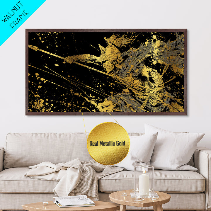 Metallic Gold Art of Warrior with Flowing Cape and Spear, Ornate Armor and Dynamic Battle Pose, Wood Framed Map Wall Art for History