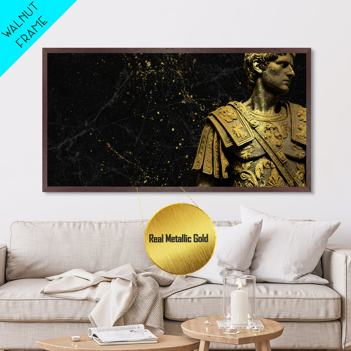 Ancient Roman Emperor Statue Metallic Gold Metal Print, Luxurious Black Marble Background, Classical Warrior Art, Regal Home Decor
