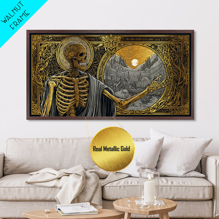 Skeleton Pointing to Ancient Arena Metallic Gold Art, Gothic Medieval Scene, Ornate Frame Design, Dark Fantasy Wall Decor