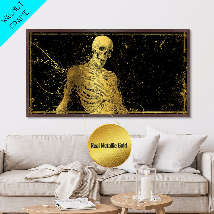 Golden Anatomical Skeleton on Black Starfield Metallic Gold Metal Print, Macabre Anatomy Illustration, Gothic Horror Home Art