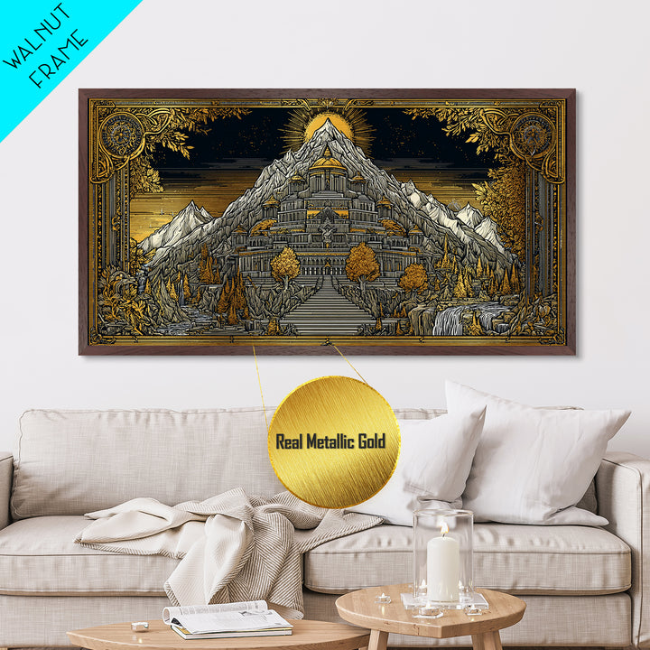 Mythical Mountain Fortress Metallic Gold Art, Grand Palace in Majestic Peaks, Fantasy Landscape Illustration, Epic Home Wall Decor
