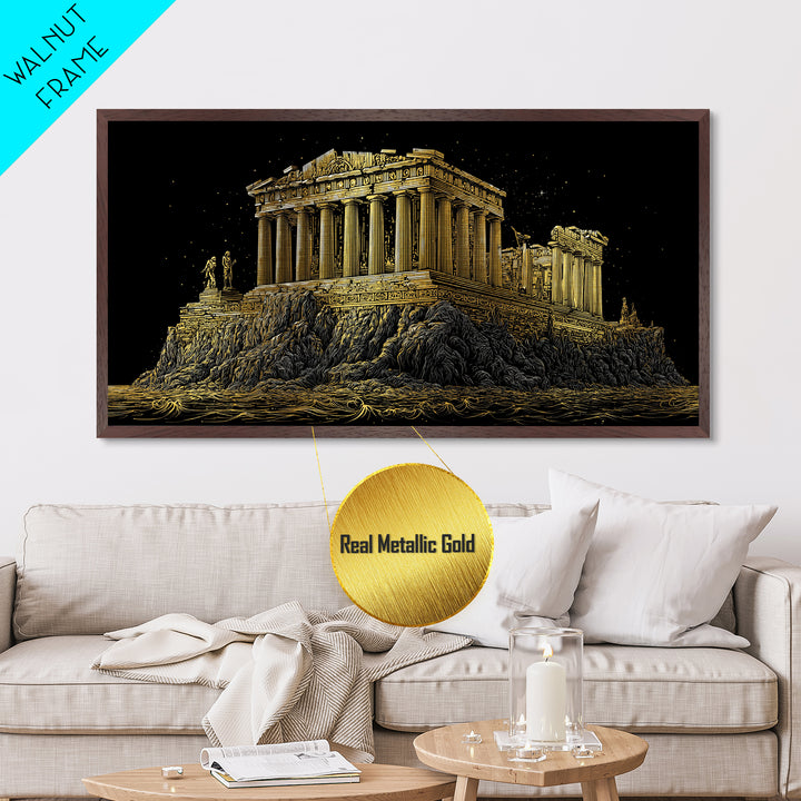 Ancient Greek Temple on Rocky Shore Metallic Gold Metal Print, Classical Architecture Illustration, Historic Landmark Wall Art