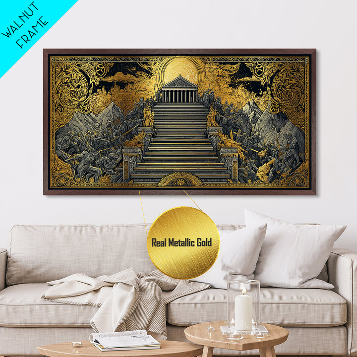 Mythic Battle at Temple Stairs Metallic Gold Art, Epic Fantasy Scene, Heroic Warriors and Gods, Dramatic Home Wall Decor