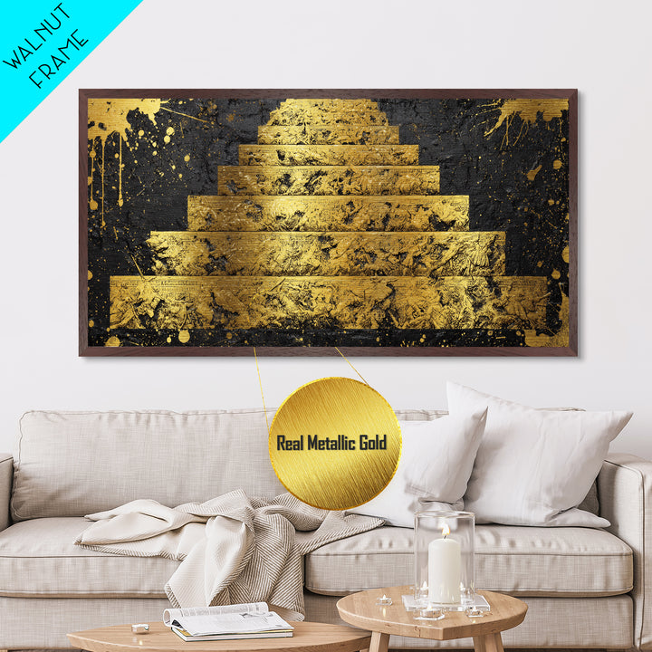 Ancient War Scene on Pyramid Steps Metallic Gold Metal Print, Historic Battle Relief Sculpture, Regal Classical Home Art