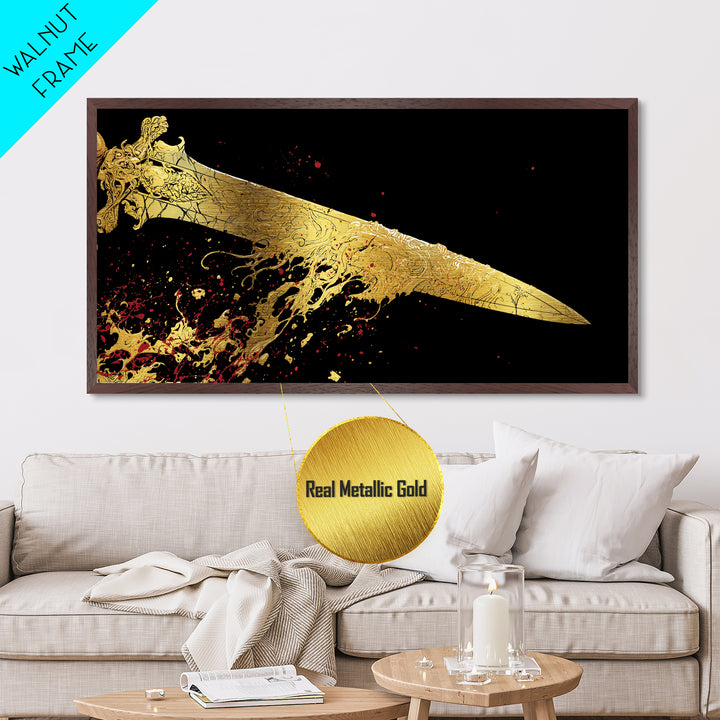 Golden Ornate Sword, Metallic Gold Metal Print, Real Wood Frame, Dramatic Fantasy Weapon Art, Mythology Wall Decor