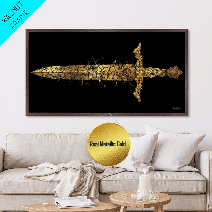 Cracked Ancient Sword Metallic Gold Metal Print, Legendary Fantasy Weapon, Weathered Epic Blade, Gothic Home Wall Art