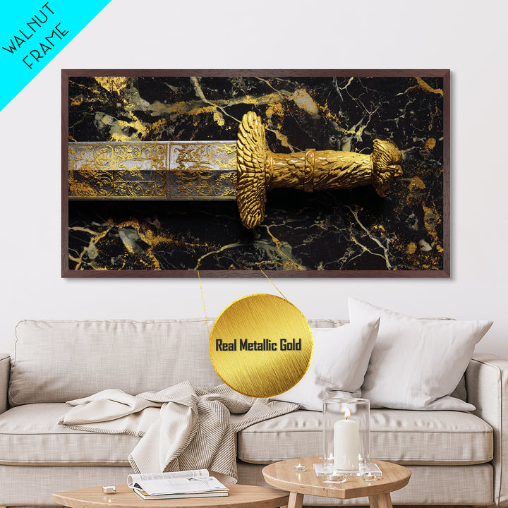 Golden Sword Hilt with Lion Design Metallic Gold Art, Ornate Weapon Photography, Luxurious Warrior Decor, Classical Battle Theme