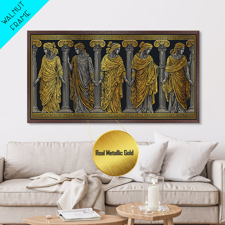 Ancient Greek Caryatid Columns, Detailed Architecture Wall Decor, Metallic Gold Metal Print, Classical Sculpture Artwork