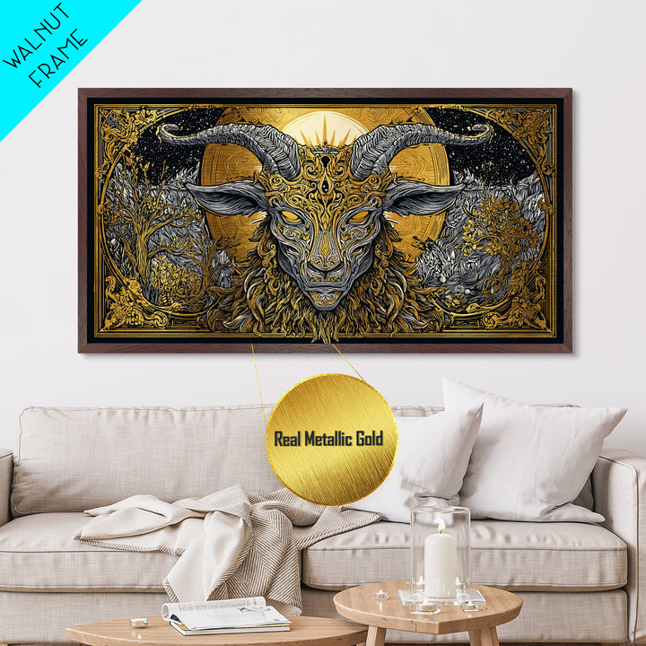 Mythical Goat Head Artwork, Intricate Horned Beast Design, Metallic Gold Art, Fantasy Wall Decor, Dark Gothic Illustration