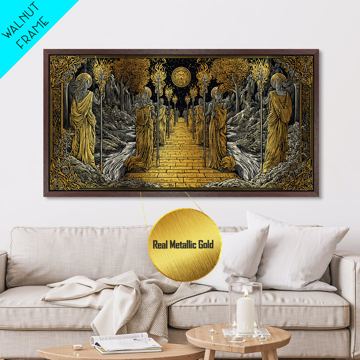 Greek Torchbearer Pathway Scene, Mythic Procession Illustration, Metallic Gold Art, Ancient Greece Wall Decor, Temple Artwork