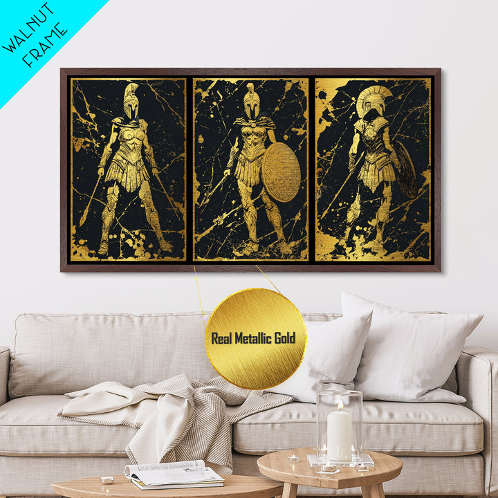 Greek Warrior Triptych Print, Spartan Female Soldiers Artwork, Metallic Gold Art, Ancient Greece Wall Decor, Mythic Battle Scene