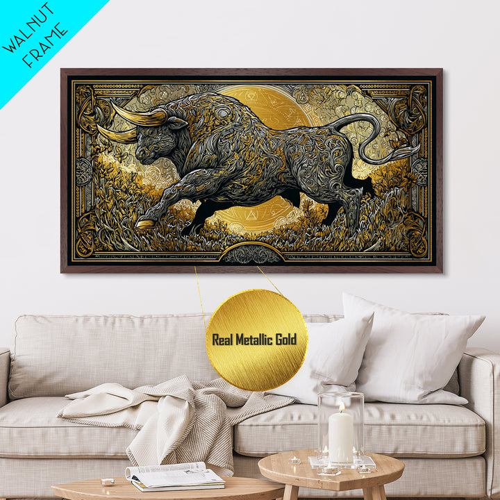 Golden Bull In Ornate Frame, Metallic Gold Art, Real Wood Frame, Symbolic Animal Wall Decor, Strength And Power