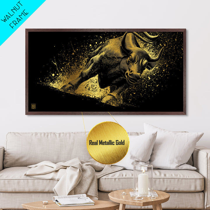 Charging Golden Bull, Metallic Gold Metal Print, Real Wood Frame, Dynamic Animal Wall Art, Powerful Bull Illustration