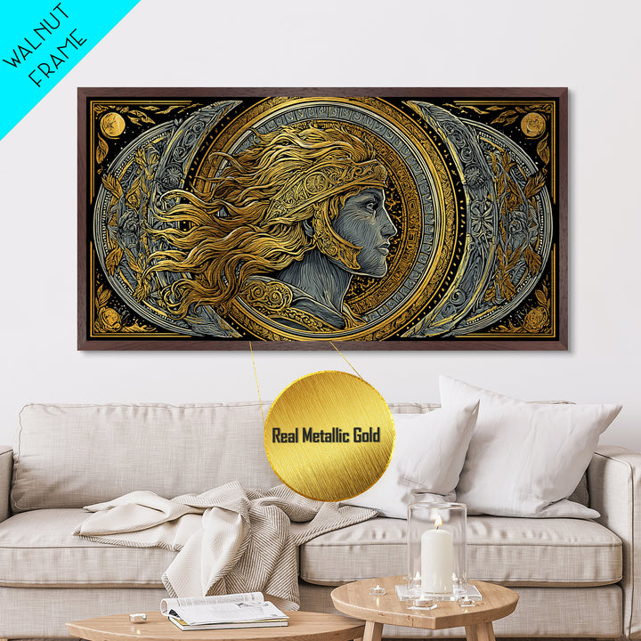 Greek God Profile Illustration, Flowing Hair And Crescent Moons, Metallic Gold Metal Print, Classical Mythology Wall Artwork