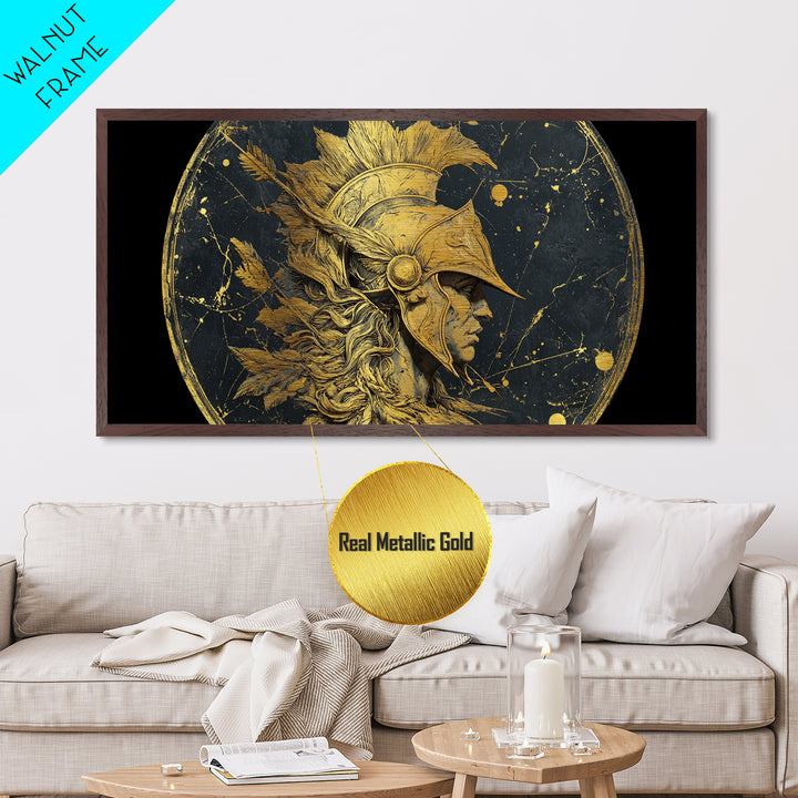 Ancient Warrior Profile Sculpture, Greek Helmet And Feathers, Metallic Gold Art, Classical Relief Wall Decor, Heroic Figure Artwork