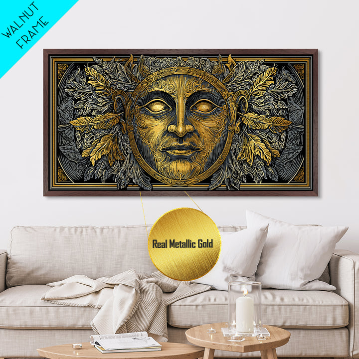 Mythic Sun God Face Artwork, Ornate Leaf And Feather Design, Metallic Gold Metal Print, Ancient Greece Wall Decor, Celestial Art