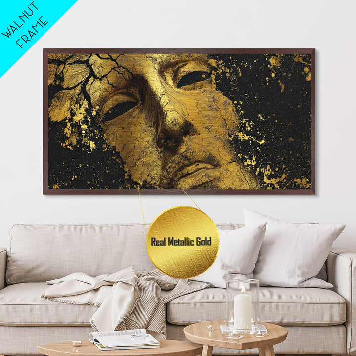 Cracked Golden Face Sculpture, Ancient Greek Mask Artwork, Metallic Gold Art, Classical Wall Decoration, Timeless Antiquity Print