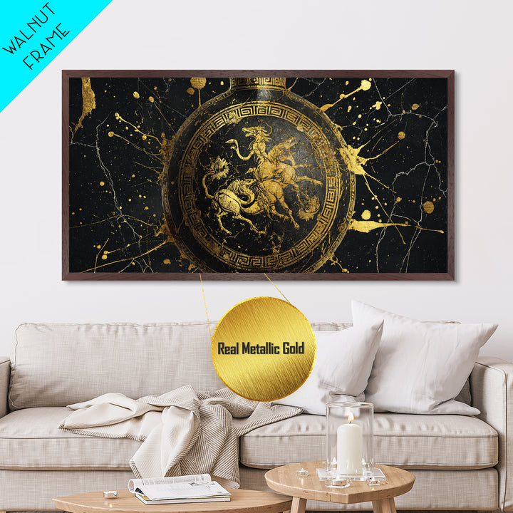 Greek Amphora Mythological Battle Scene, Metallic Gold Art, Ancient Greek Pottery Design, Classic Museum Style Wall Decor Print