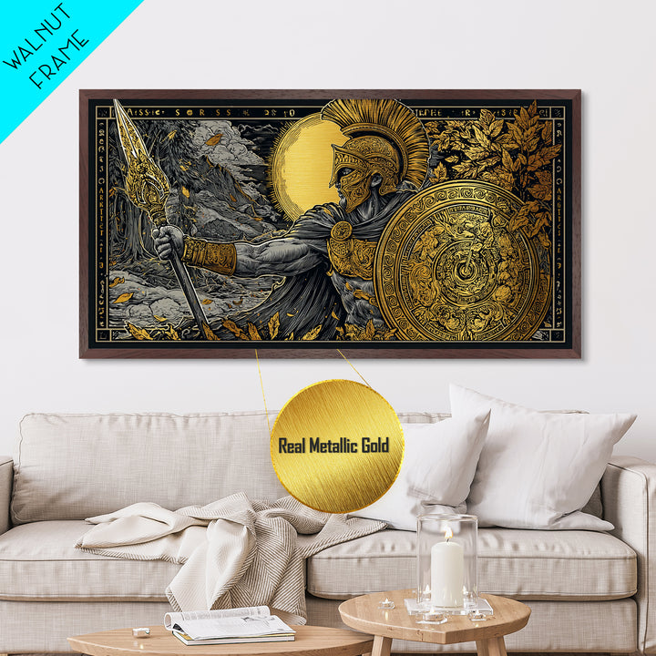 Ares Greek Warrior God With Spear And Shield, Metallic Gold Art, Heroic Mythological Wall Decor, Luxury Classical Home Accent