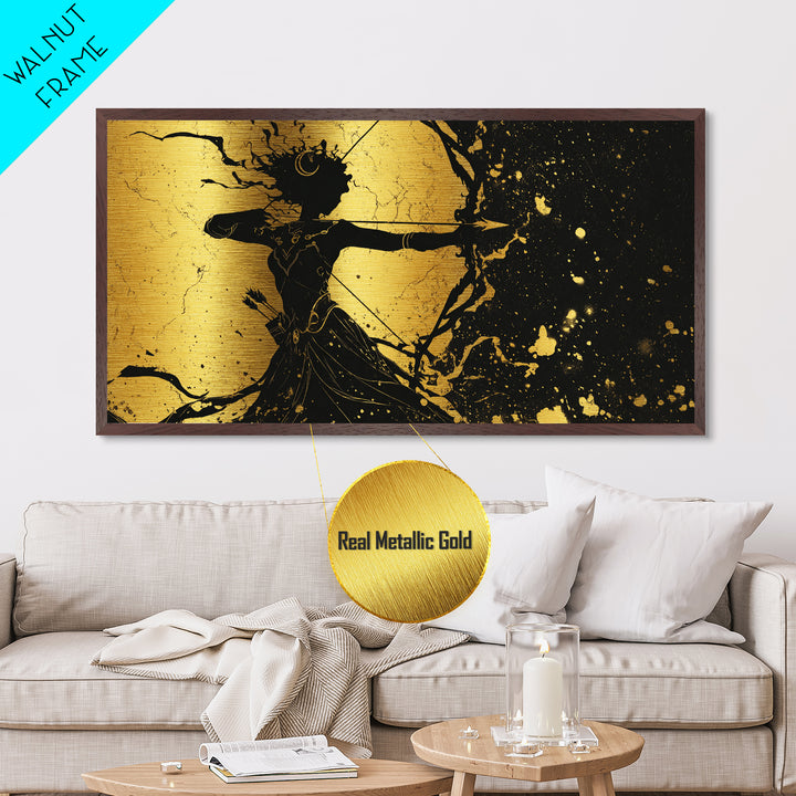 Artemis Goddess Of The Hunt And Moon, Metallic Gold Art, Elegant Greek Mythology Wall Decor, Celestial Classical Home Accent