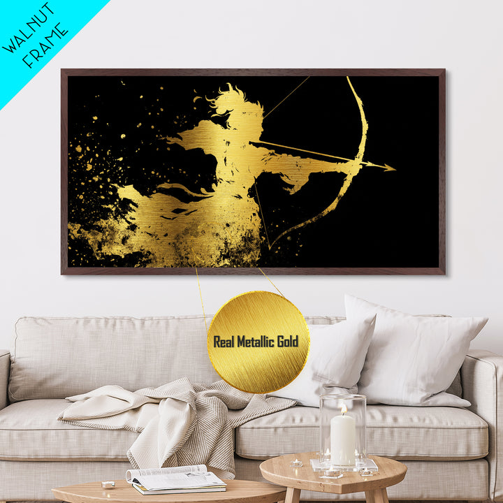 Artemis Greek Huntress Goddess Silhouette, Metallic Gold Metal Print, Moonlit Mythology Wall Art, Elegant Classic Home Design