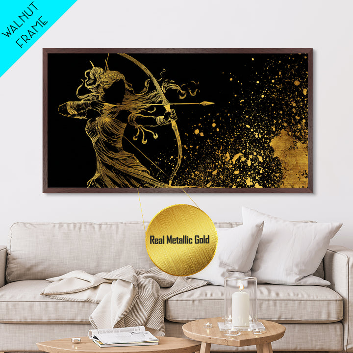 Artemis Greek Goddess Archer Silhouette, Metallic Gold Art, Celestial Mythology Wall Decor, Elegant Classical Home Accent Piece