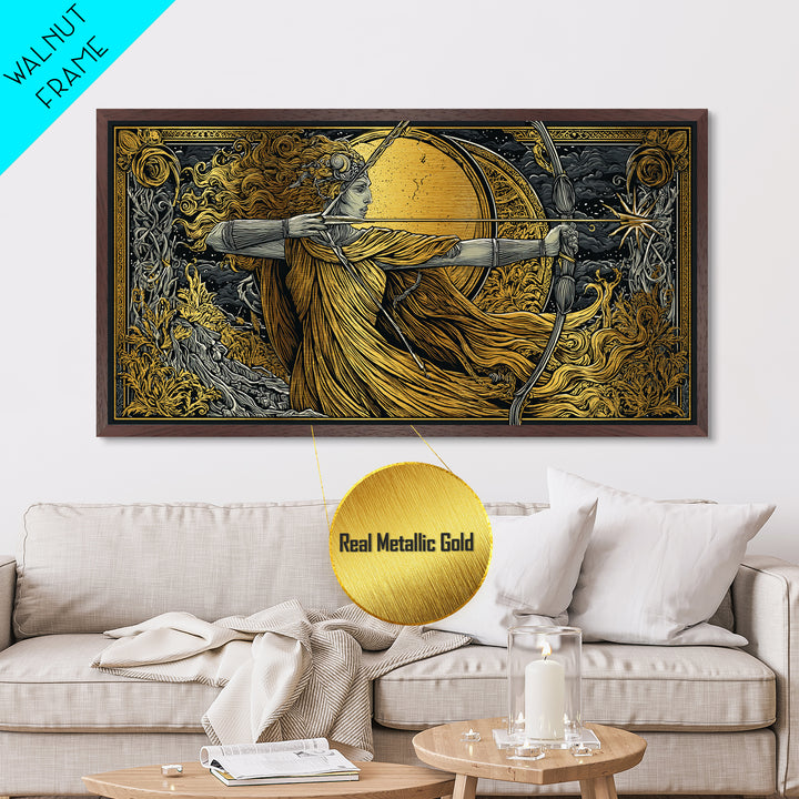Artemis Goddess Archer With Golden Moon, Metallic Gold Metal Print, Greek Mythology Wall Art, Classic Elegant Home Decor Piece