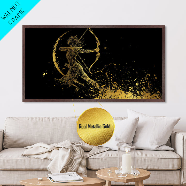 Metallic Gold Art Of Artemis Greek Goddess Archer, Black Background, Elegant Moon And Bow Design, Panoramic Mythology Wall Art