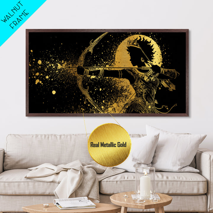 Metallic Gold Metal Print Of Artemis Greek Goddess Archer, Regal Profile, Detailed Bow And Arrow, Panoramic Fantasy Wall Decor
