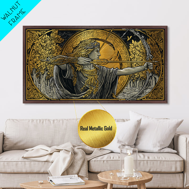 Metallic Gold Art Of Artemis Greek Goddess Archer, Classical Ornate Frame, Mythological Forest Scene, Panoramic Greek Wall Print