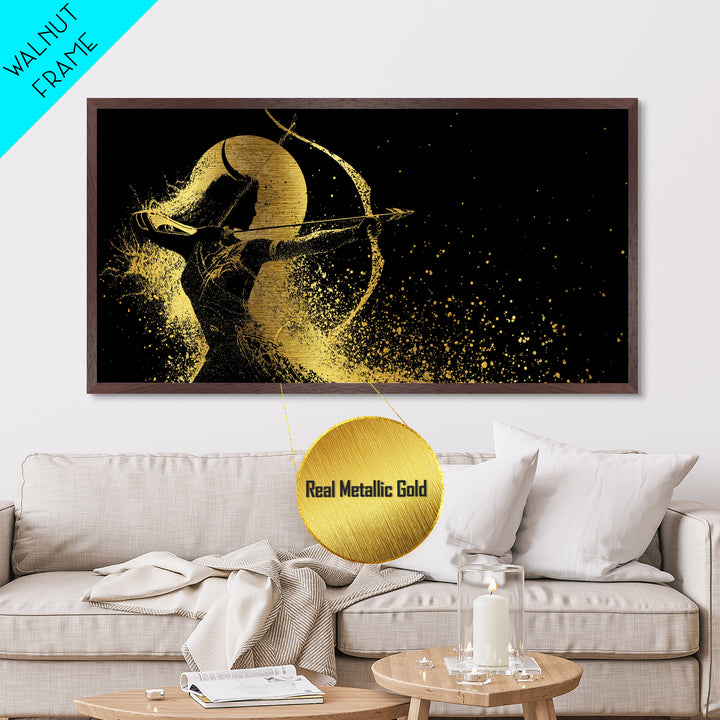 Metallic Gold Metal Print Of Artemis Greek Goddess Archer, Full Moon Silhouette, Gold Splatter Effect, Panoramic Elegant Wall Art