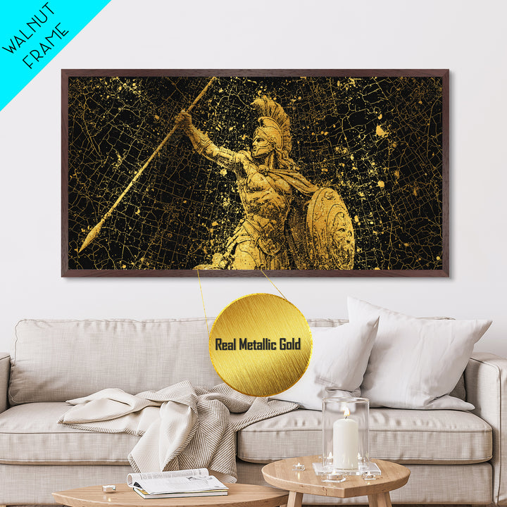 Metallic Gold Art Of Athena Greek Goddess Warrior, Ancient Greek Armor And Spear, Gold Splatter Mosaic, Panoramic Battle Wall Print