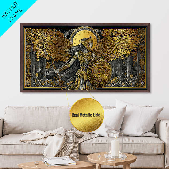 Metallic Gold Art Of Athena Greek Goddess Warrior With Wings, Detailed Shield And Spear, Golden Forest Scene, Panoramic Wall Print
