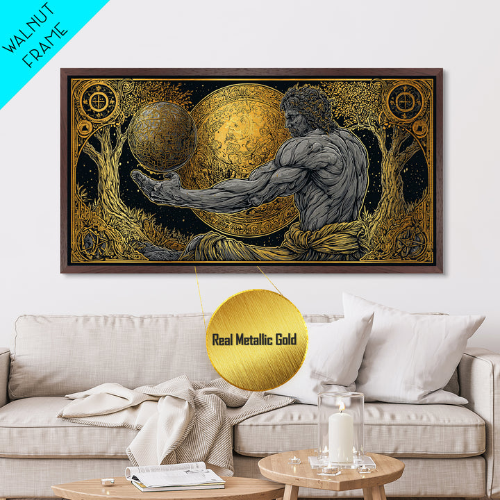 Metallic Gold Metal Print Of Atlas Greek Titan Holding Celestial Sphere, Mythology Cosmic Scene, Panoramic Detailed Greek Wall Art