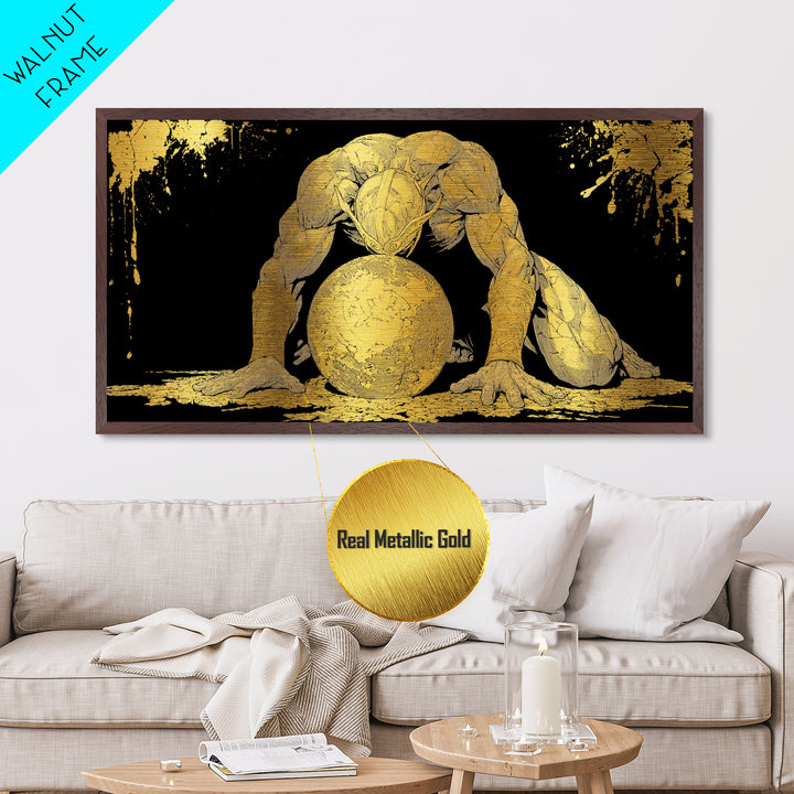 Metallic Gold Art Of Atlas Greek Titan Bearing The World, Gold Crackle Effect, Mythology Strength Scene, Panoramic Ancient Wall Print