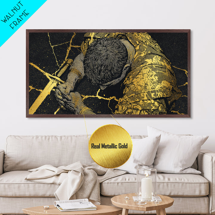 Metallic Gold Metal Print Of Cassius Greek Warrior Kneeling With Sword, Gold Crackle Armor Detail, Panoramic Mythology Wall Artwork