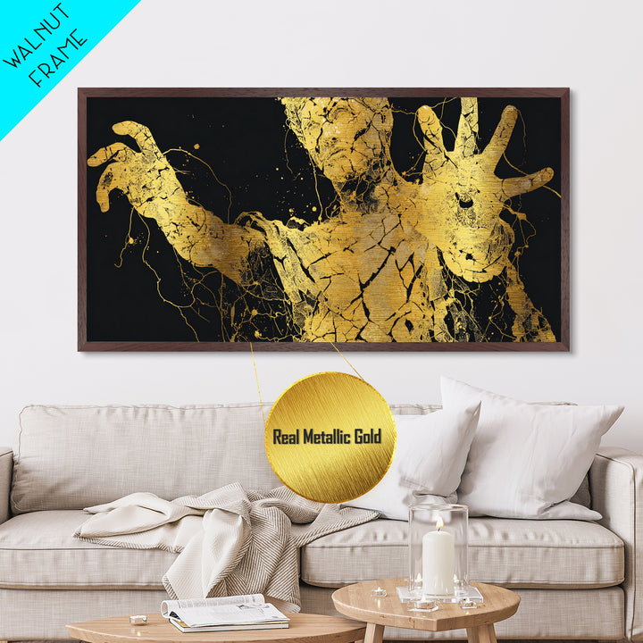 Metallic Gold Art, Colossus Greek Titan, Mythological Warrior Wall Decor, Black and Gold Metal Print, Ancient Greece Home Accent