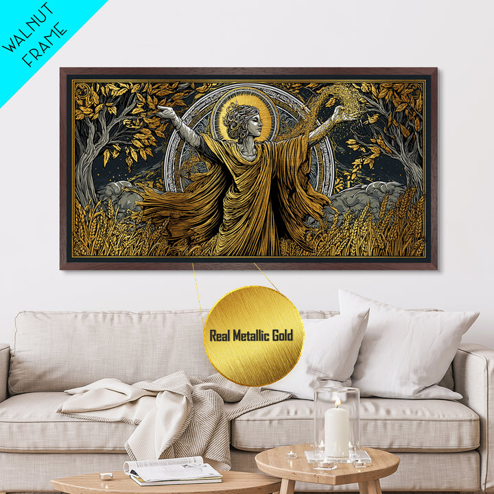 Metallic Gold Art, Demeter Goddess of Harvest, Greek Mythology Wall Decor, Ancient Agriculture Theme, Black and Gold Metal Artwork
