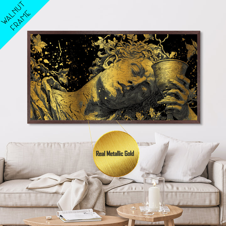 Metallic Gold Metal Print, Dionysus God of Wine, Greek Mythology Art, Ancient Feast Celebration, Black and Gold Decorative Artwork