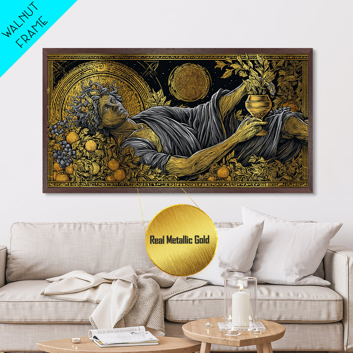 Metallic Gold Art, Dionysus God of Revelry, Greek Mythology Wall Art, Bacchus Celebration Scene, Black and Gold Luxury Metal Print